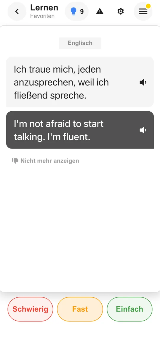 Die Taalhammer-App: eine Karteikarte mit Satz und aufgedeckter Antwort