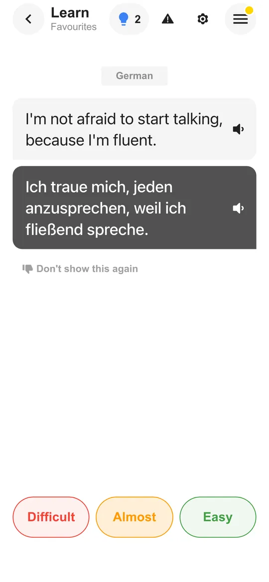 The Taalhammer app: a flashcard with a sentence and its answer revealed