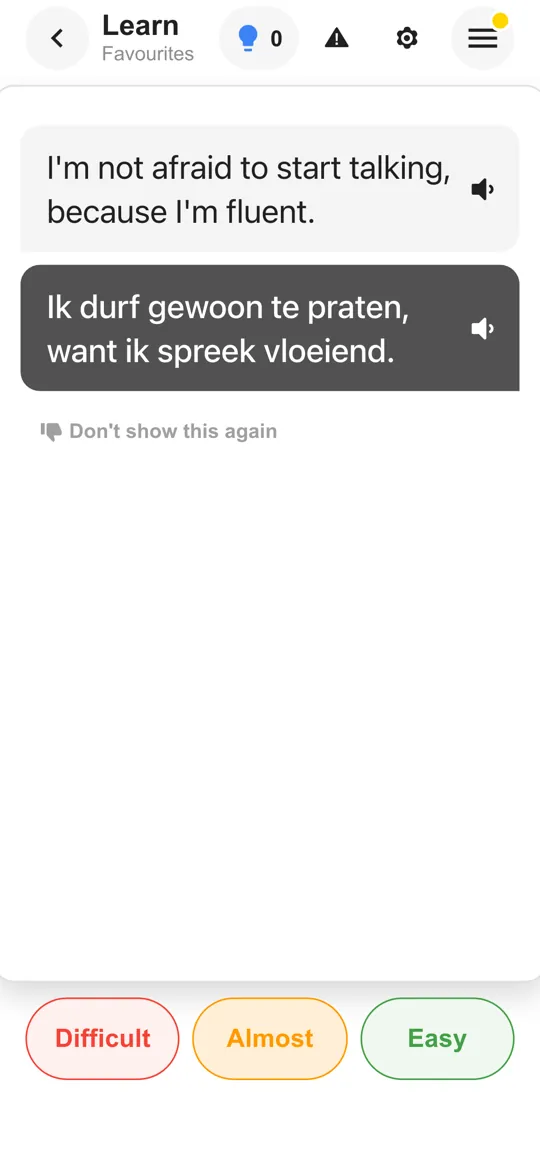 The Taalhammer app: a flashcard with a sentence and its answer revealed